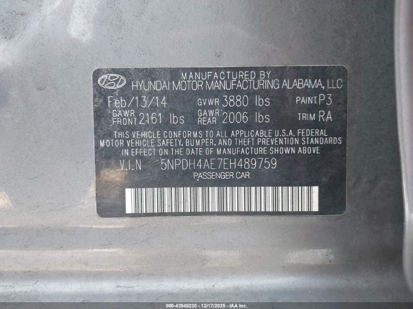 2014 Hyundai Elantra Se VIN: 5NPDH4AE7EH489759 Lot: 43948230