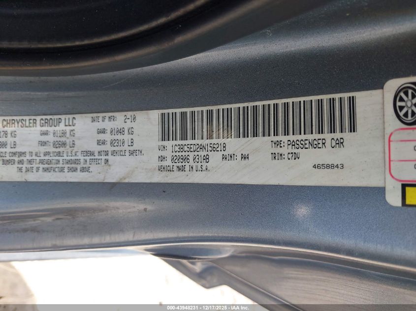 2010 Chrysler Sebring Touring VIN: 1C3BC5ED2AN156218 Lot: 43948231