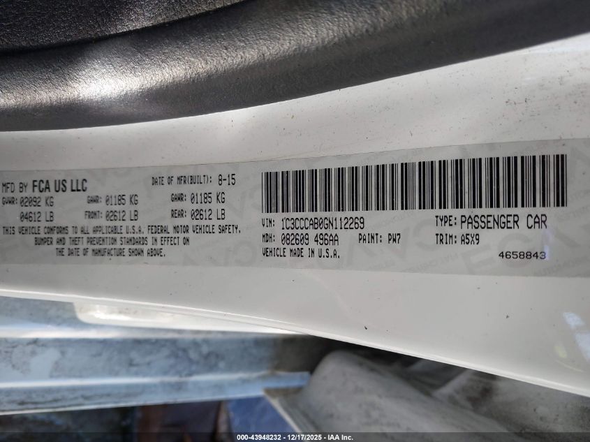 2016 Chrysler 200 Limited VIN: 1C3CCCAB0GN112269 Lot: 43948232