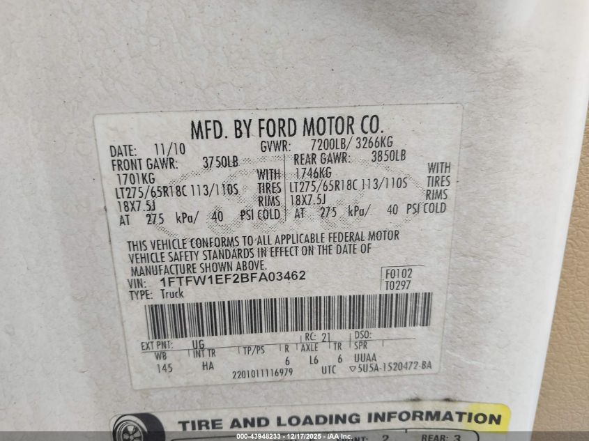 2011 Ford F-150 Lariat VIN: 1FTFW1EF2BFA03462 Lot: 43948233