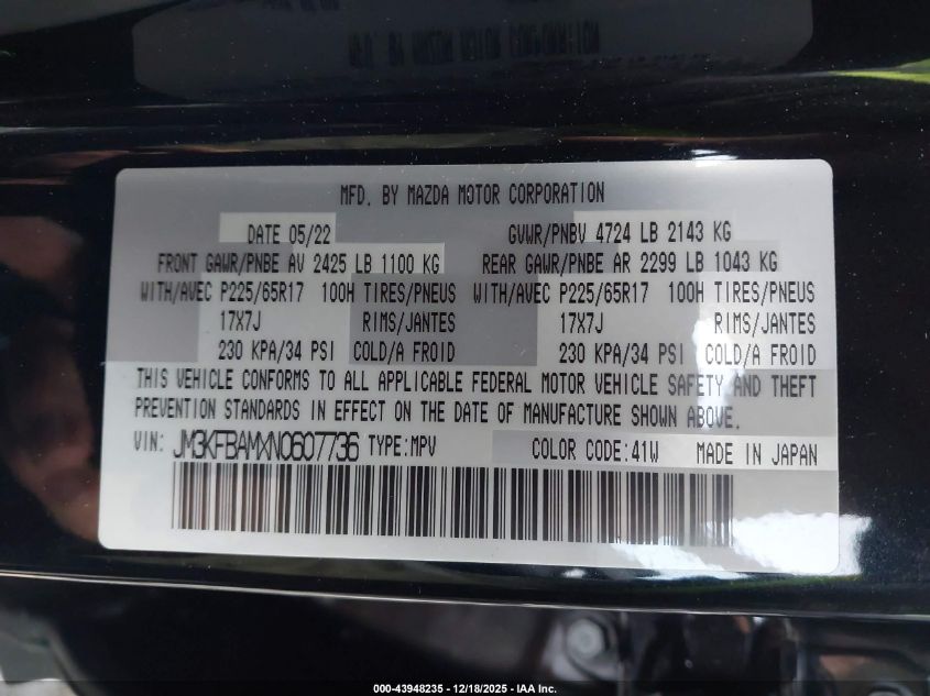 2022 Mazda Cx-5 2.5 S VIN: JM3KFBAMXN0607736 Lot: 43948235