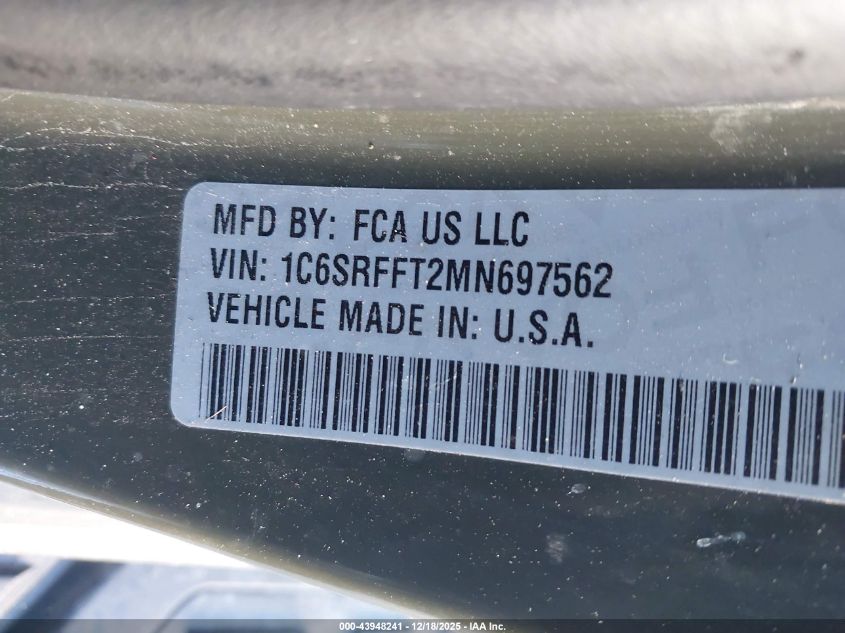 2021 Ram 1500 Big Horn 4X4 5'7 Box VIN: 1C6SRFFT2MN697562 Lot: 43948241