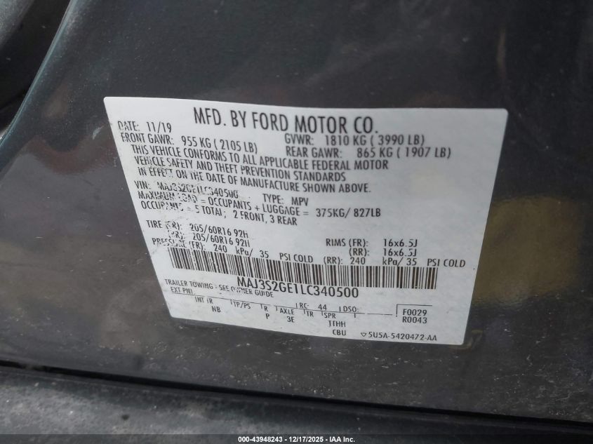 2020 Ford Ecosport Se VIN: MAJ3S2GE1LC340500 Lot: 43948243