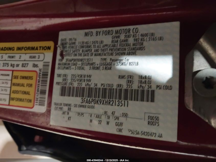 2017 Ford Fusion Titanium VIN: 3FA6P0K9XHR213511 Lot: 43948244