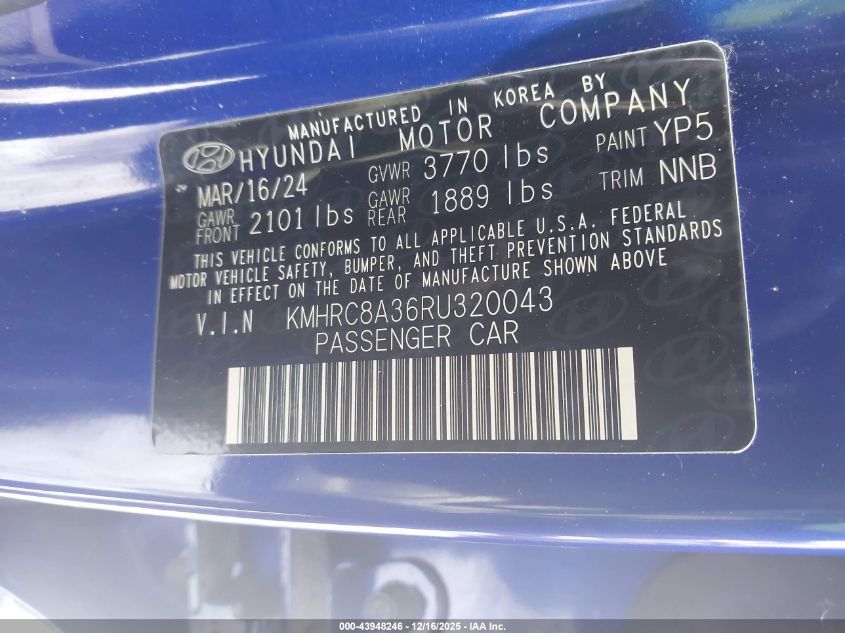 2024 Hyundai Venue Sel VIN: KMHRC8A36RU320043 Lot: 43948246