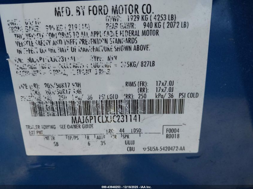 2018 Ford Ecosport Ses VIN: MAJ6P1CLXJC231141 Lot: 43948253