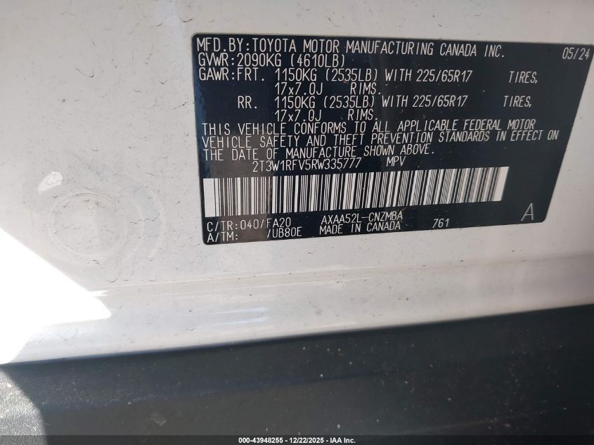 2024 Toyota Rav4 Xle VIN: 2T3W1RFV5RW335777 Lot: 43948255