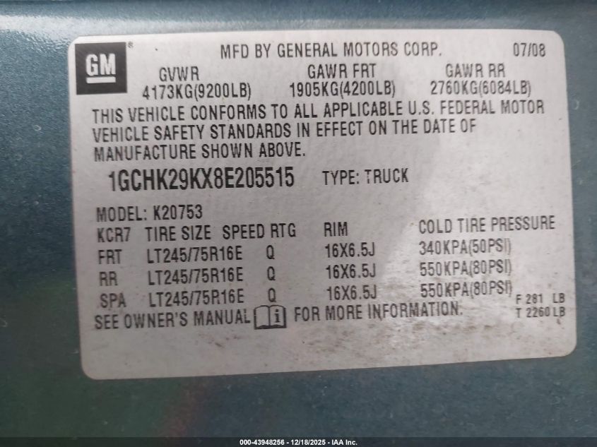 2008 Chevrolet Silverado 2500Hd Lt1 VIN: 1GCHK29KX8E205515 Lot: 43948256