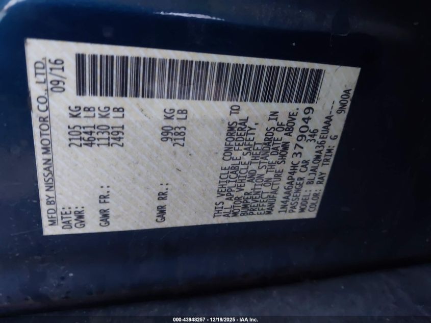 2017 Nissan Maxima 3.5 Platinum/3.5 S/3.5 Sl/3.5 Sr/3.5 Sv VIN: 1N4AA6AP4HC379049 Lot: 43948257