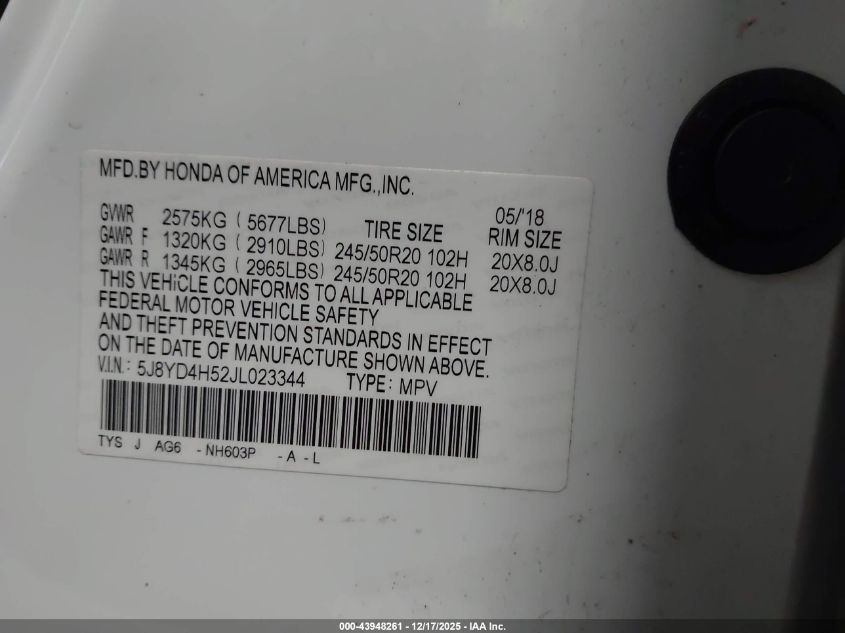 2018 Acura Mdx Technology Package Acurawatch Plus Pkg VIN: 5J8YD4H52JL023344 Lot: 43948261