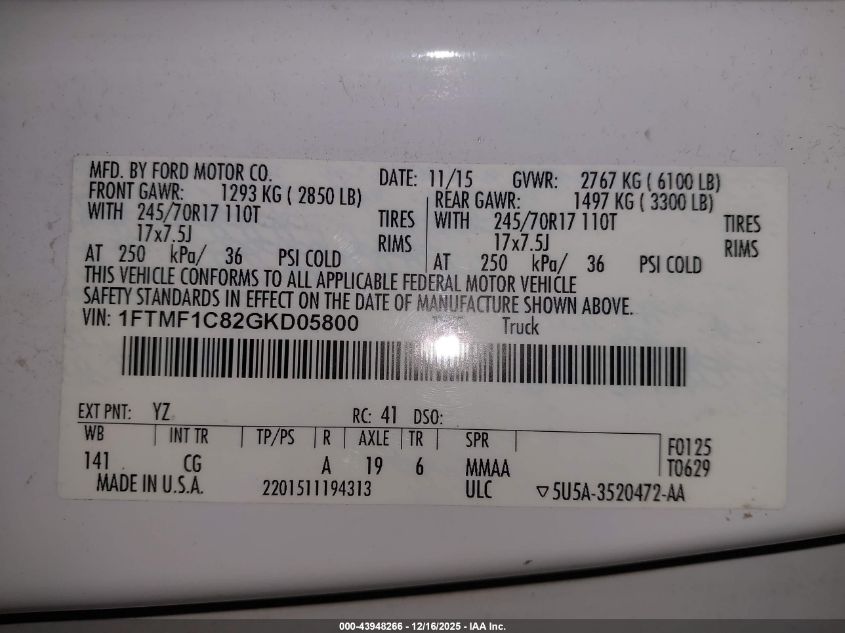 2016 Ford F-150 Xl VIN: 1FTMF1C82GKD05800 Lot: 43948266