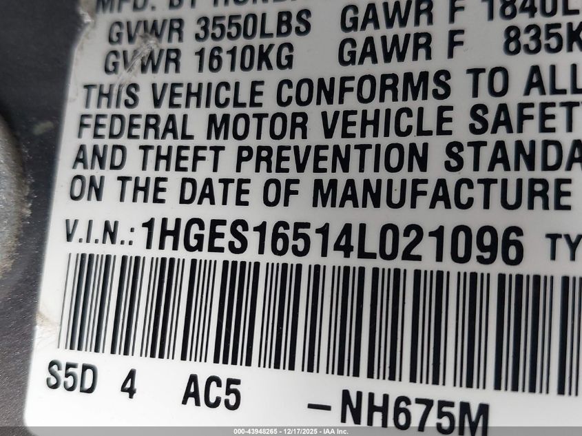 2004 Honda Civic Lx VIN: 1HGES16514L021096 Lot: 43948265