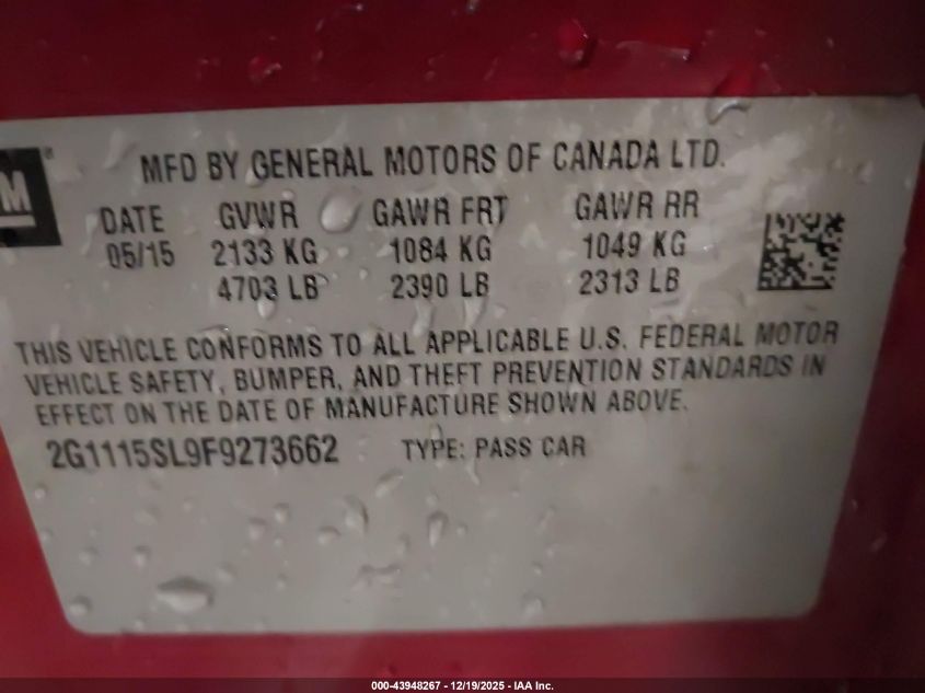 2015 Chevrolet Impala 1Lt VIN: 2G1115SL9F9273662 Lot: 43948267