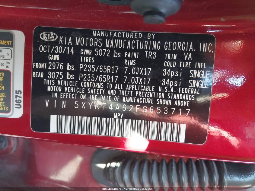 2015 Kia Sorento Lx VIN: 5XYKT4A62FG653717 Lot: 43948270