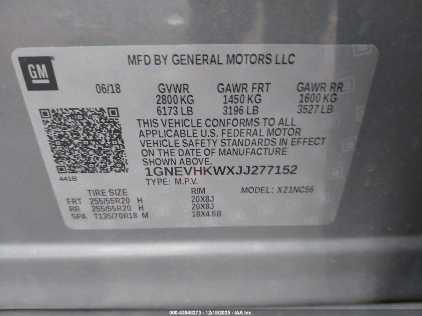 2018 Chevrolet Traverse 3Lt VIN: 1GNEVHKWXJJ277152 Lot: 43948273