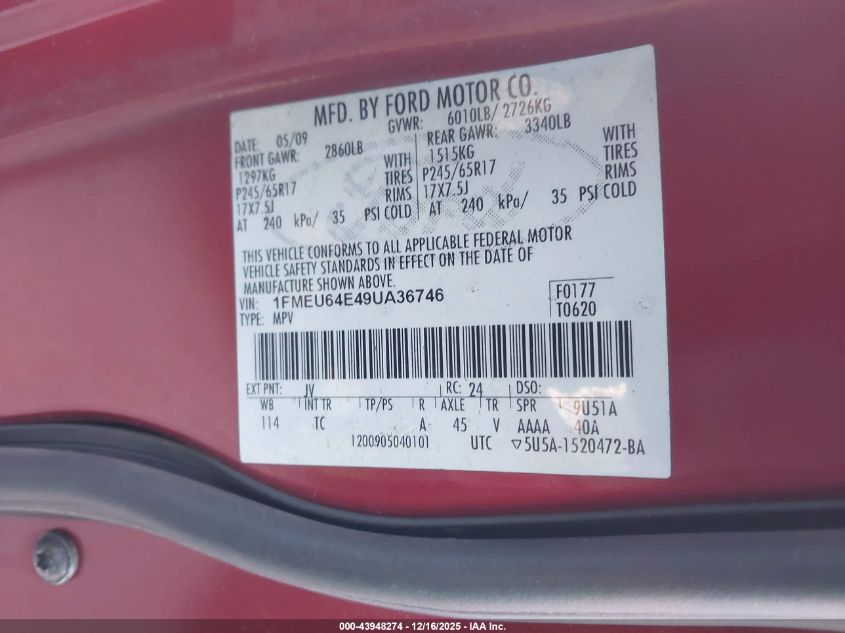 2009 Ford Explorer Eddie Bauer VIN: 1FMEU64E49UA36746 Lot: 43948274