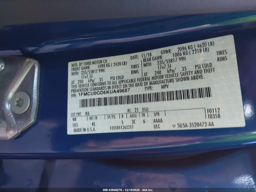 2019 Ford Escape Se VIN: 1FMCU0GD6KUA49687 Lot: 43948276