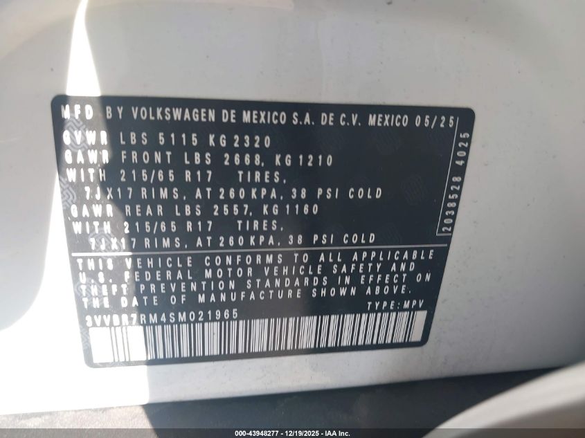 2025 Volkswagen Tiguan 2.0T S VIN: 3VVBR7RM4SM021965 Lot: 43948277