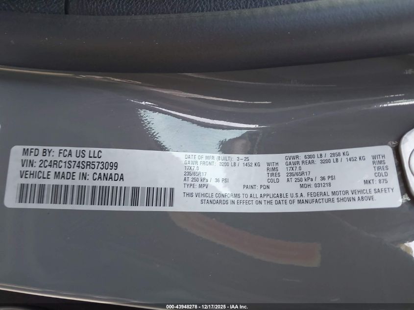 2025 Chrysler Pacifica Hybrid Select VIN: 2C4RC1S74SR573099 Lot: 43948278