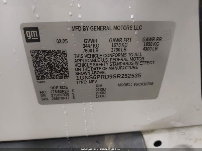 2025 Chevrolet Tahoe 4Wd Z71 VIN: 1GNS6PRD9SR252535 Lot: 43948281