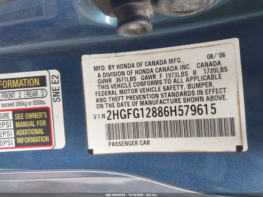 2006 Honda Civic Ex VIN: 2HGFG12886H579615 Lot: 43948283