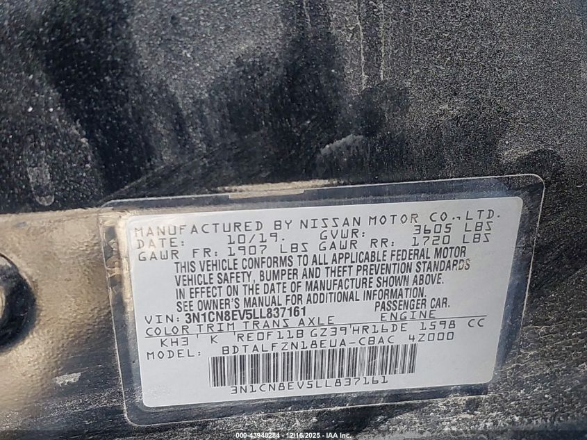 2020 Nissan Versa Sv Xtronic Cvt VIN: 3N1CN8EV5LL837161 Lot: 43948284