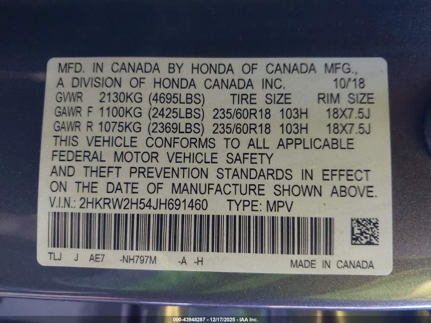 2018 Honda Cr-V Ex VIN: 2HKRW2H54JH691460 Lot: 43948287