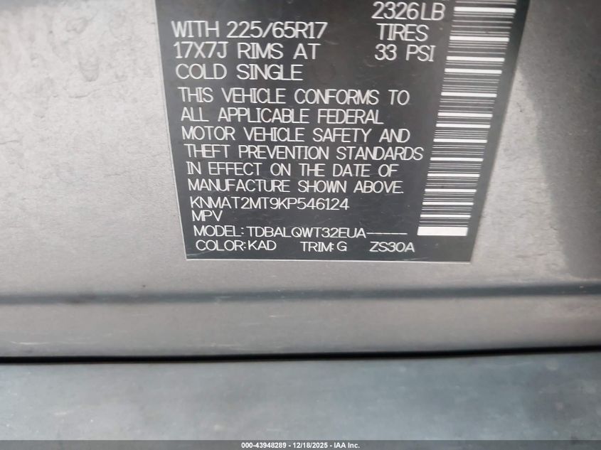 2019 Nissan Rogue Sv VIN: KNMAT2MT9KP546124 Lot: 43948289