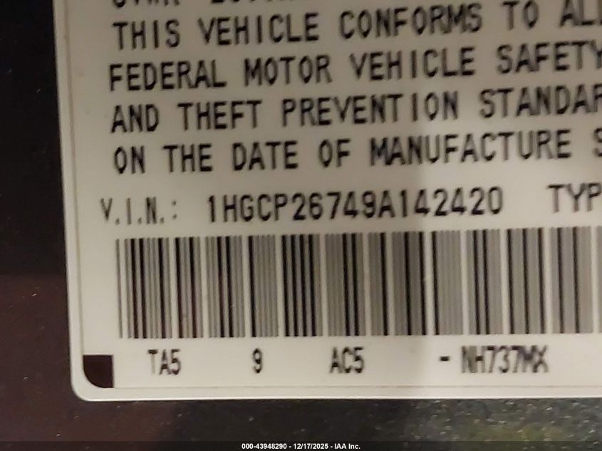2009 Honda Accord 2.4 Ex VIN: 1HGCP26749A142420 Lot: 43948290