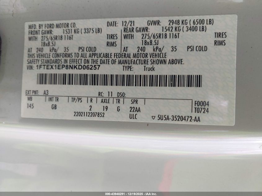 2022 Ford F-150 Xl VIN: 1FTEX1EP8NKD06257 Lot: 43948291