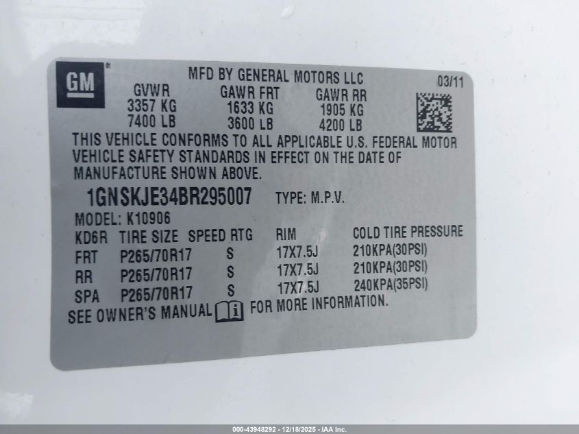 2011 Chevrolet Suburban 1500 Lt1 VIN: 1GNSKJE34BR295007 Lot: 43948292