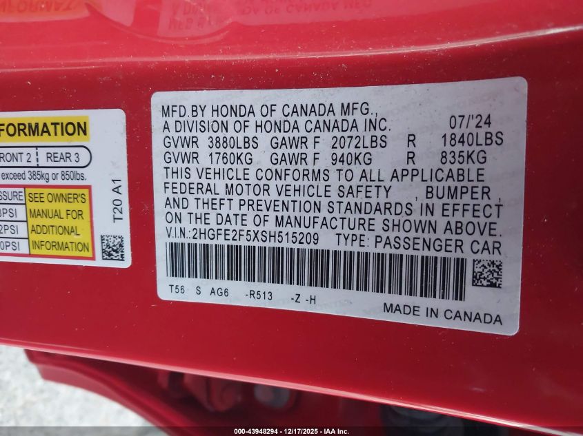 2025 Honda Civic Sport VIN: 2HGFE2F5XSH515209 Lot: 43948294