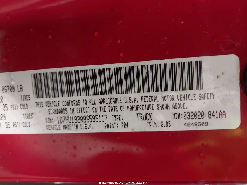 2008 Dodge Ram 1500 Laramie VIN: 1D7HU18208S595117 Lot: 43948295