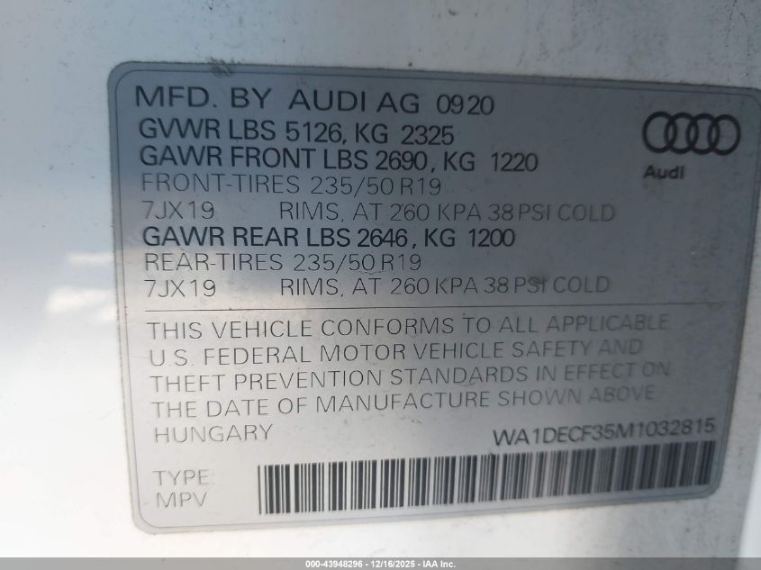 2021 Audi Q3 Premium 45 Tfsi S Line Quattro Tiptronic VIN: WA1DECF35M1032815 Lot: 43948296