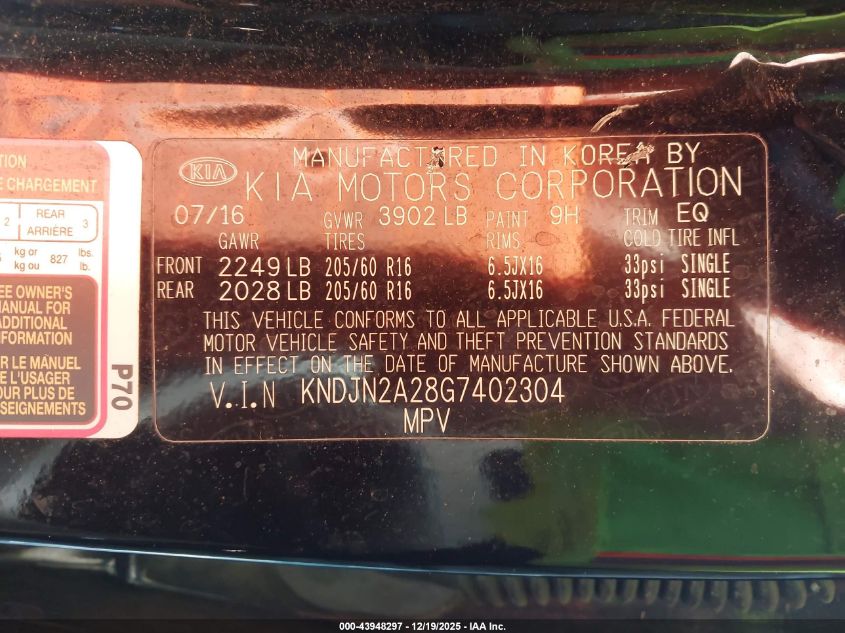 2016 Kia Soul VIN: KNDJN2A28G7402304 Lot: 43948297