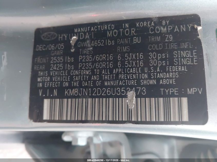 2006 Hyundai Tucson Gls/Limited VIN: KM8JN12D26U352473 Lot: 43948298