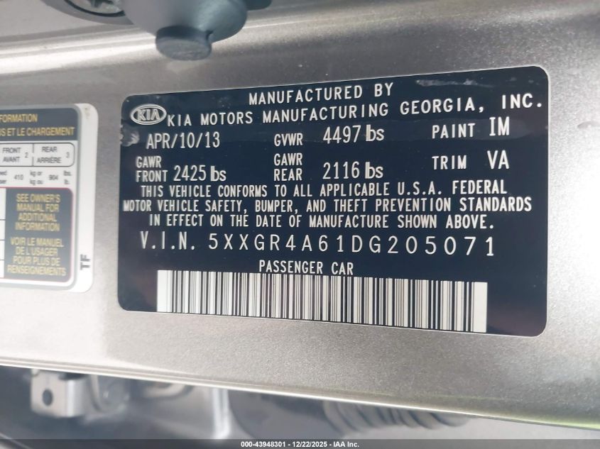 2013 Kia Optima Sx VIN: 5XXGR4A61DG205071 Lot: 43948301