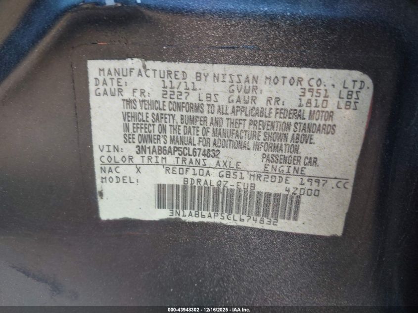 2012 Nissan Sentra 2.0 VIN: 3N1AB6AP5CL674832 Lot: 43948302