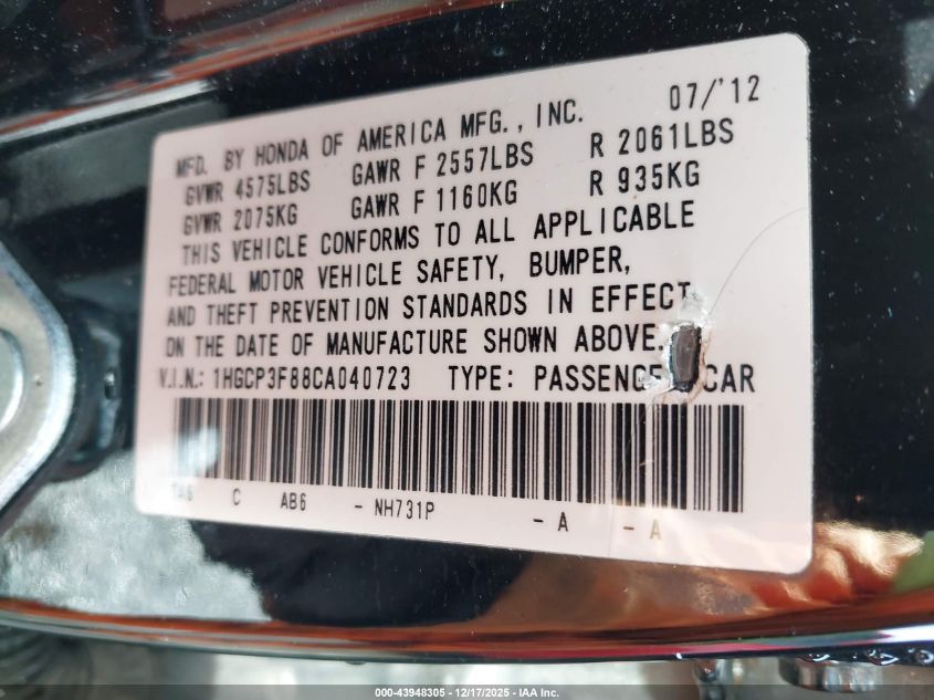 2012 Honda Accord 3.5 Ex-L VIN: 1HGCP3F88CA040723 Lot: 43948305