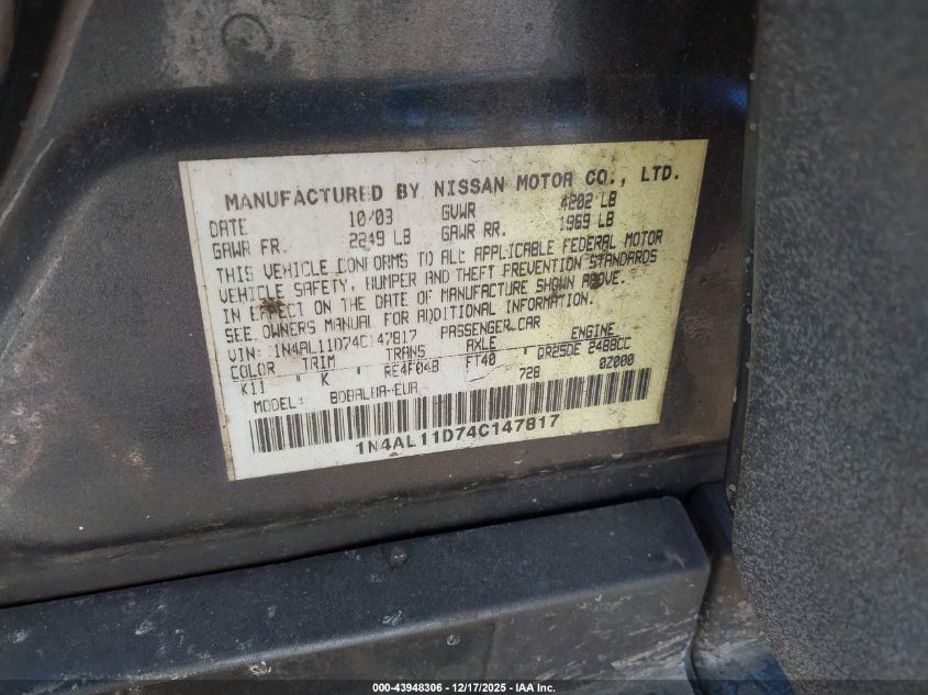 2004 Nissan Altima 2.5 S VIN: 1N4AL11D74C147817 Lot: 43948306