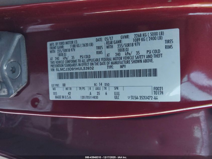 2017 Lincoln Mkc Reserve VIN: 5LMCJ3D91HUL53932 Lot: 43948310