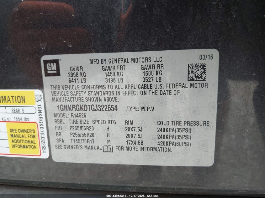2016 Chevrolet Traverse 1Lt VIN: 1GNKRGKD7GJ322654 Lot: 43948313
