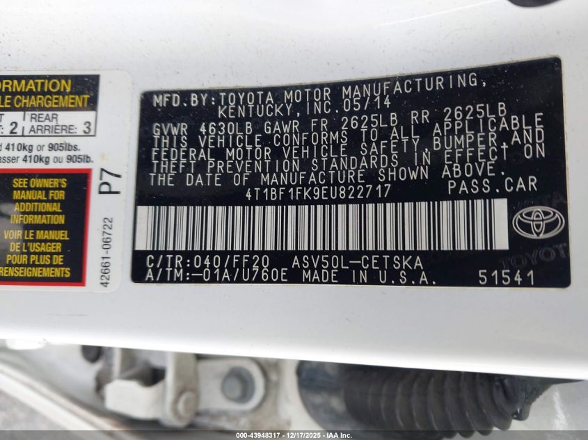 2014 Toyota Camry Se VIN: 4T1BF1FK9EU822717 Lot: 43948317