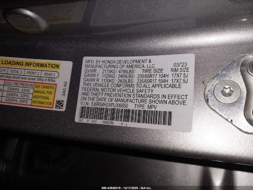2023 Honda Cr-V Lx Awd VIN: 5J6RS4H2XPL006650 Lot: 43948319