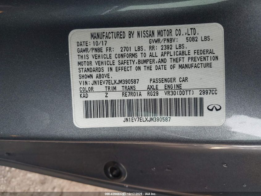 2018 Infiniti Q60 3.0T Luxe VIN: JN1EV7ELXJM390587 Lot: 43948320