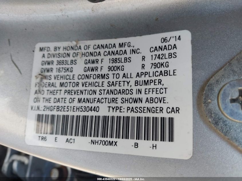 2014 Honda Civic Lx VIN: 2HGFB2E51EH530440 Lot: 43948322