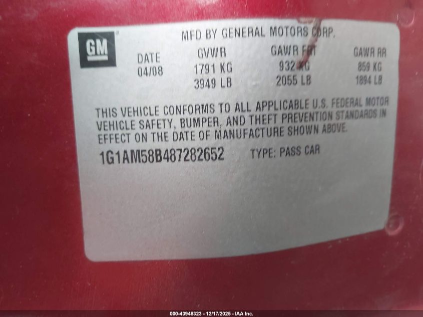 2008 Chevrolet Cobalt Sport VIN: 1G1AM58B487282652 Lot: 43948323