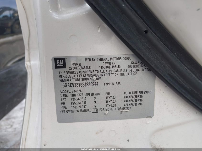 2008 Buick Enclave Cxl VIN: 5GAEV23758J230944 Lot: 43948324