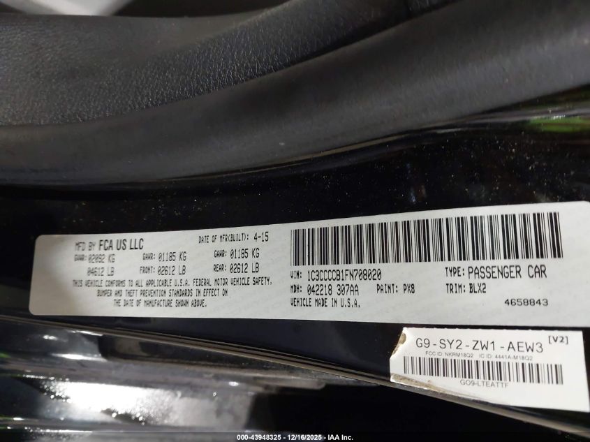 2015 Chrysler 200 C VIN: 1C3CCCCB1FN708020 Lot: 43948325