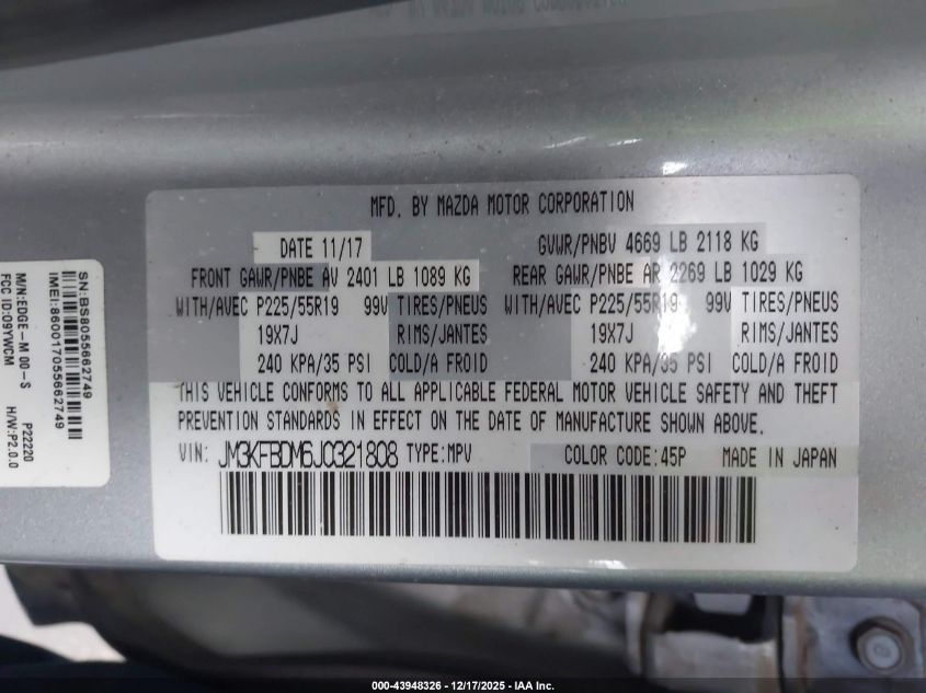 2018 Mazda Cx-5 Grand Touring VIN: JM3KFBDM6J0321808 Lot: 43948326